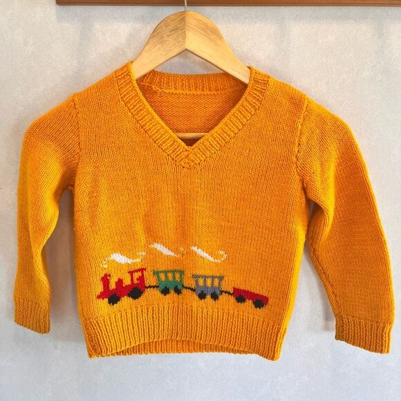 Vintage handmade Yellow Knit Sweater with Train Design - Picture 1 of 11